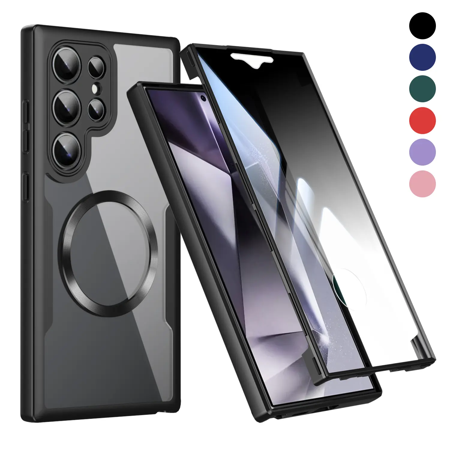 360° Full Coverage Magnetic Phone Case with Built-in Screen Protector for Samsung Galaxy S26 Ultra, S25, S24, S23, S22 - Rugged Hybrid Silicone Bumper, Transparent Back, Shockproof Anti-Drop Mobile Phone Accessories Cover