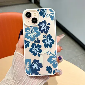 Phone Case: Blue Hibiscus Flower Pattern Summer Style Design Magnetic Bare-Hand Feel Drop-proof and Scratch-resistant Protective Case Suitable for iPhone 17 E Air Pro ProMax iPhone16 15 14 Plus 13 12 11 X XS XR An Excellent Gift Choice