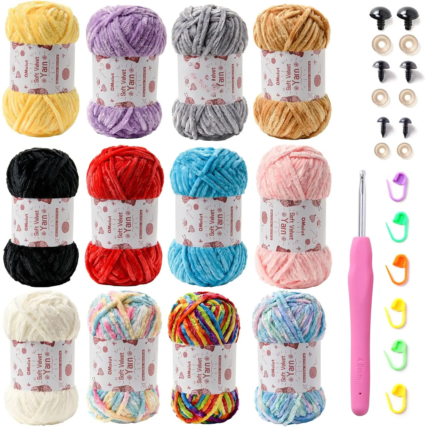 12 Pack Chenille Chunky Yarn -  Soft for Crocheting - White, Red, Pink, Yellow, Blue, Rainbow  - Crochet Blanket and Amigurumi Pack With Accessories