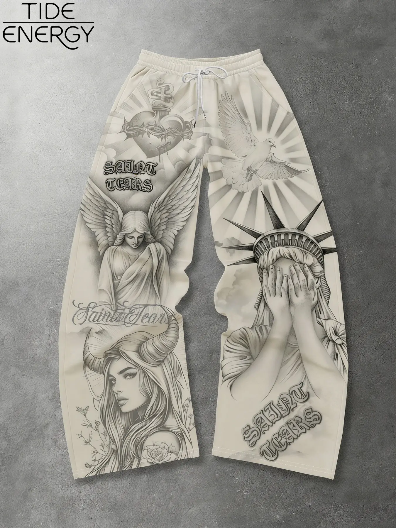 Men's Oversize Saint Tears Angel Devil Statue Graphic Print Unique Prints Wide Leg Pants, Chicano Tattoo Style Streetwear, Perfect for Urban Fashion Menswear