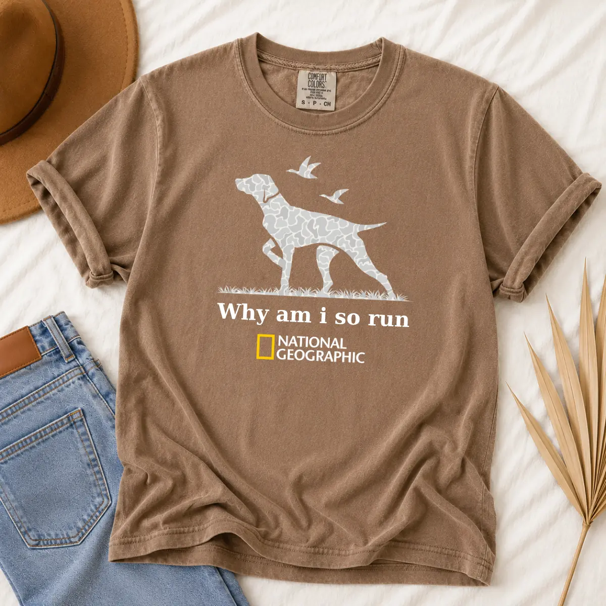 Comfort Colors Vintage Camo Dog Hunt National Geographic Why am i so run Unisex Tee, Camo Hunting Dog Geographic Shirt Cotton Fabric Top