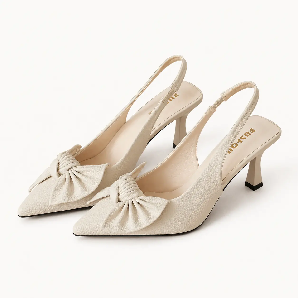 Geeyea women’s Cream Bow Slingback Heels, Pointed Toe High Heel Dress Shoes with PU Upper & PVC Sole, Elegant Office, Date Night, Party & Spring Summer Shoes