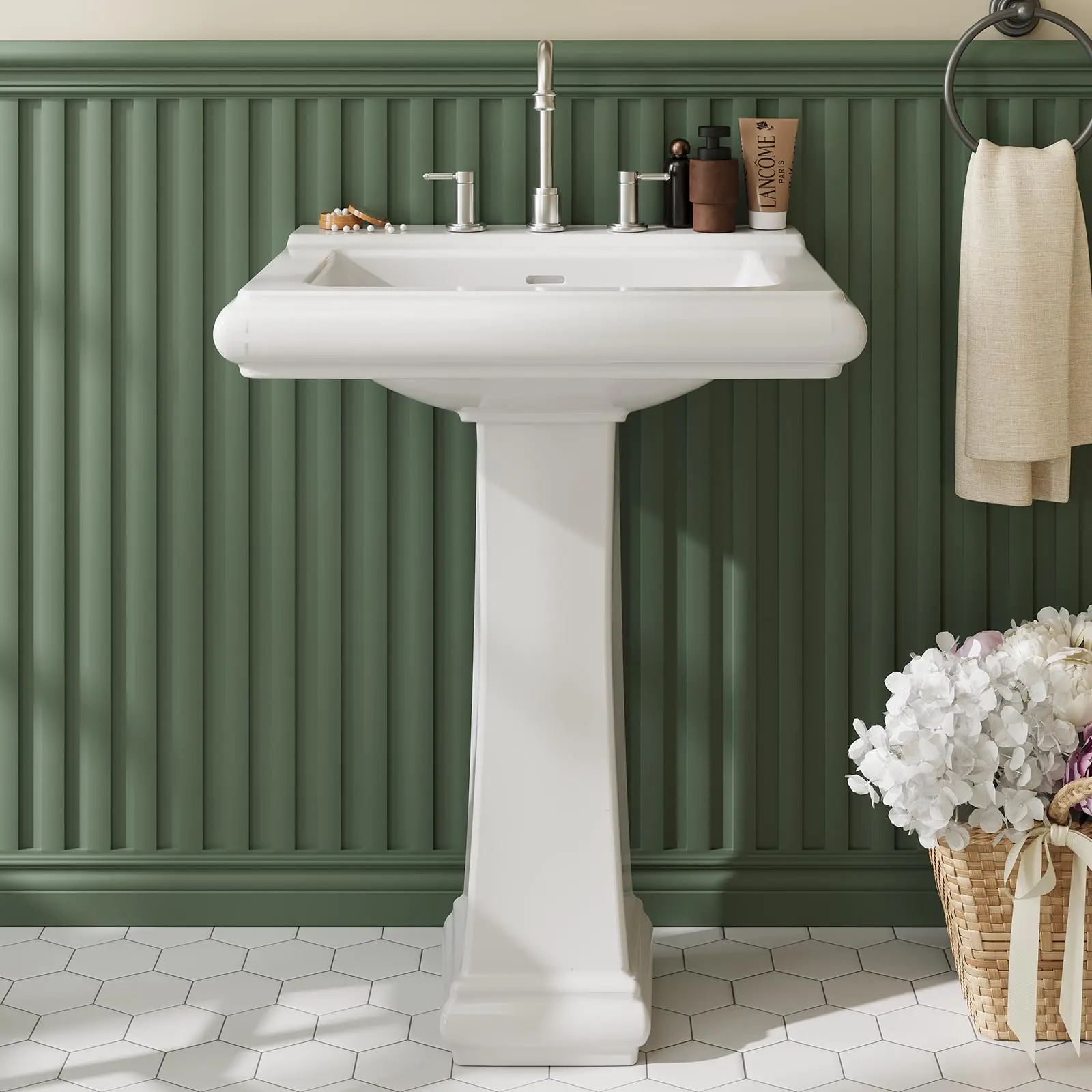 GARVEE Modern White Ceramic Pedestal Bathroom Sink with Classic Design, Geometric Shape, Overflow Feature, and Pre-Drilled Holes for 4-Inch and 8-Inch Faucets - Perfect for Home, Hotel, and Public Restrooms.