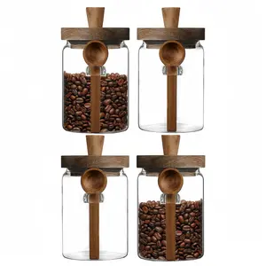 MIUVA Set of 4 Coffee Jars, Tea Canister Glass Food Storage Jar with Wood Lid and Spoon Airtight Sealed Clear Canister Kitchen Storage Jar Container for Coffee Bean Loose Tea Nuts Coffee Sets Stock Up Value Pack Spring Kitchen Gadgets