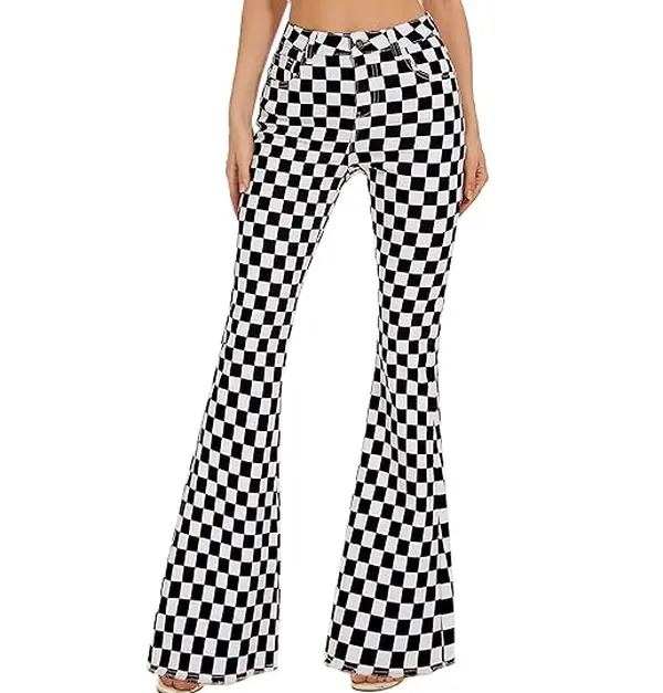 ODEFOU Women's High Waisted Checkered Flared Jeans - Stretchy Denim Trousers, Vintage Streetwear Women's Clothes with High Waisted Design, Ideal for Halloween, Summer Outfits, Vacation Looks