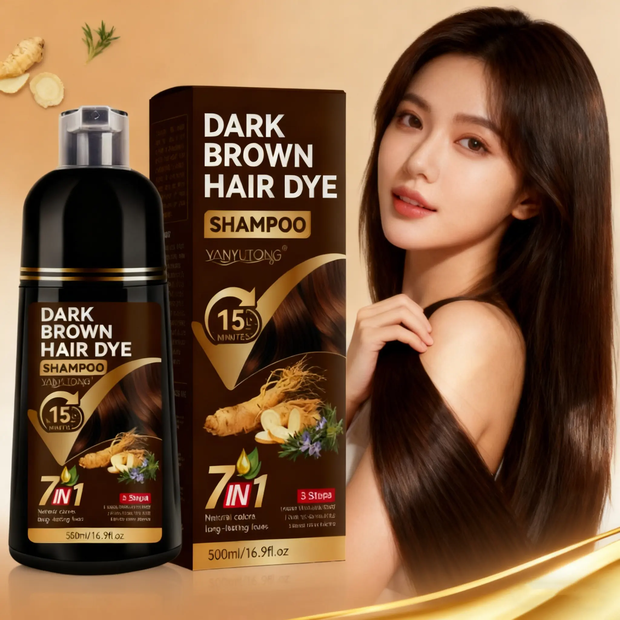 500ml 7-in-1 Plant Hair Dye Shampoo, Hair Coloring, Nourishing Hair Dye (Dark Brown) with ginseng & natural herbs, Gentle, cleanses, locks color, nourishes, 15-min easy application, Natural even tone, long-lasting shine, moisturizing for all