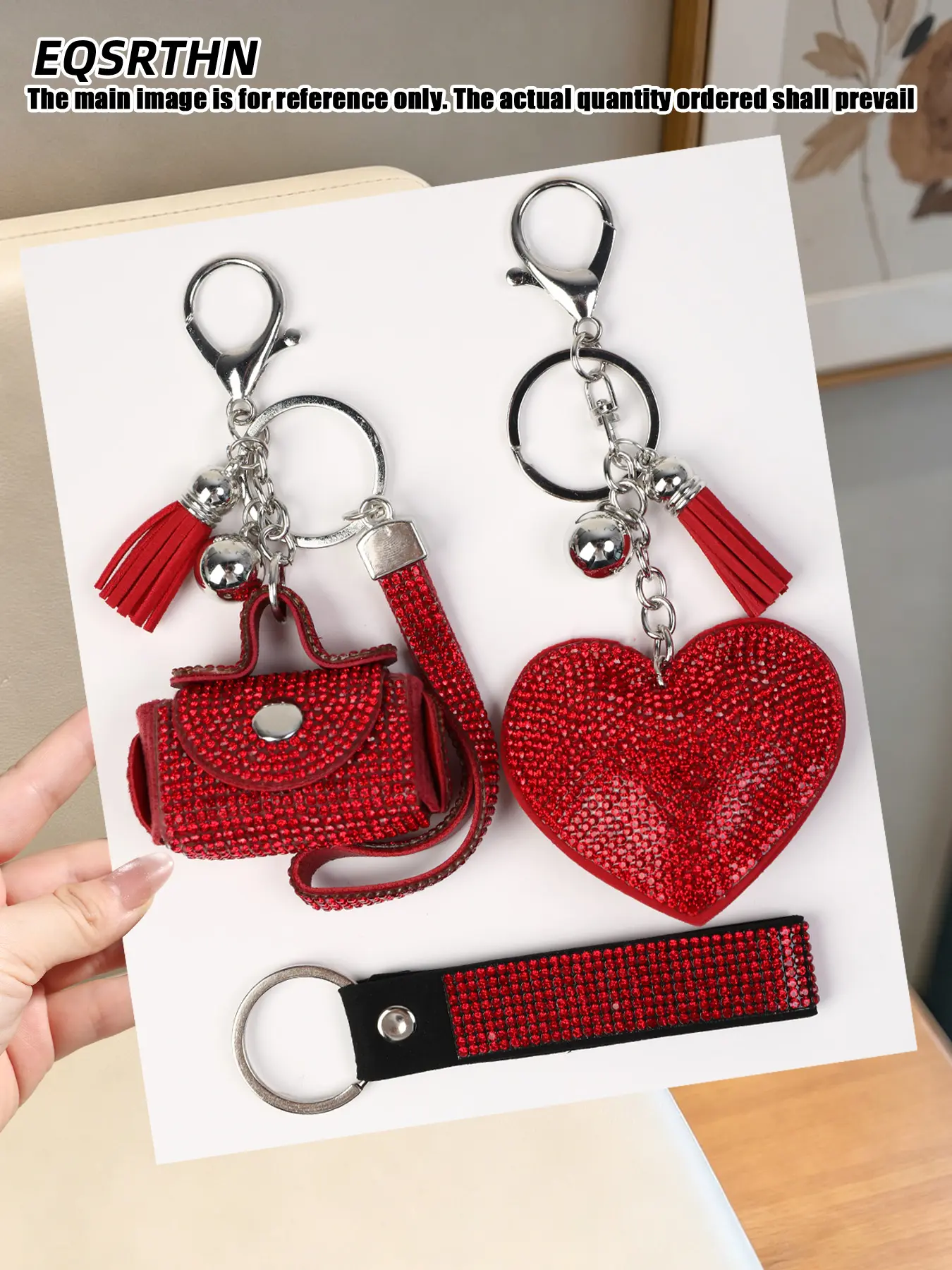 3pcs crystal rhinestone purse keychain, Heart keychain set, sparkling heart charm key ring disco party concert accessories red car key strap festival holiday luggage decor bling keychain pendant daily travel handbag ornament