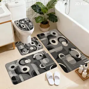 3/4pcs Modern Bath Rug Suitable for Shower, Toilet & Laundry Room - Thickened Quick-Dry Anti-Slip Floor Mat with Soft Flannel, Gray-Toned Geometric Suitable for Bathroom, Bedroom Entryway, Machine Washable, 2D Flat