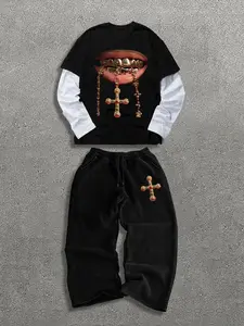 Men's Fashion Casual Two-Piece Set, Gold Teeth Graphic Pattern Long Sleeve T-Shirt and Drawstring Wide Leg Pants, Spring Fall Winter Sports Wear