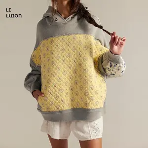 Graphic Hoodies for Women Y2k Cute Flower Patchwork Long Sleeve Pullover Hoodies Preppy Quilted Sweatshirt Streetwear