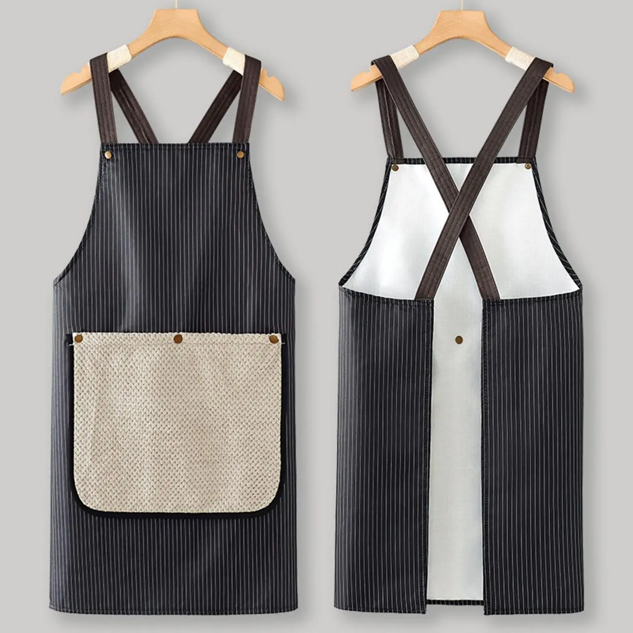 High-End Striped Apron with Large Capacity Pockets, Detachable Cleaning Towel, Durable Polyester Fabric, Ideal for Cooking, BBQ, Outdoor Activities, Pocketed Aprons, Kitchen Cooking Aprons, Grill Apron