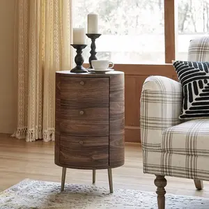 HULALA HOME Etta 26'' Tall Drum 3 Drawer End Table Solid Wood Square Drawers Storage Cabinet Metal Legs Mid-Century Modern Style