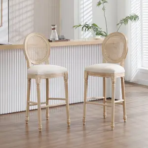 Dining Chair Set of 2, French Country 47.24''  Height Bar  Chairs Set of 2, Upholstered  Chairs with Nature Rattan Round Back, Wire drawing and carving techniques , for Living Room, Kitchen , Restaurant Use, Beige