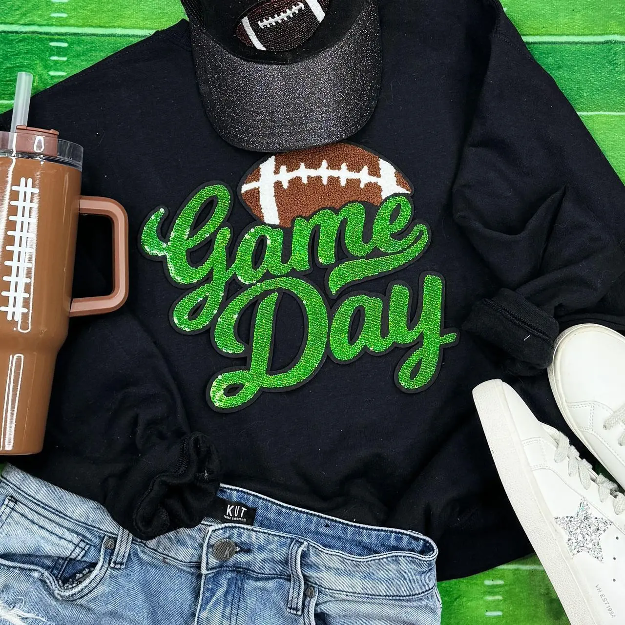 Green Sequin Football Game Day Patch