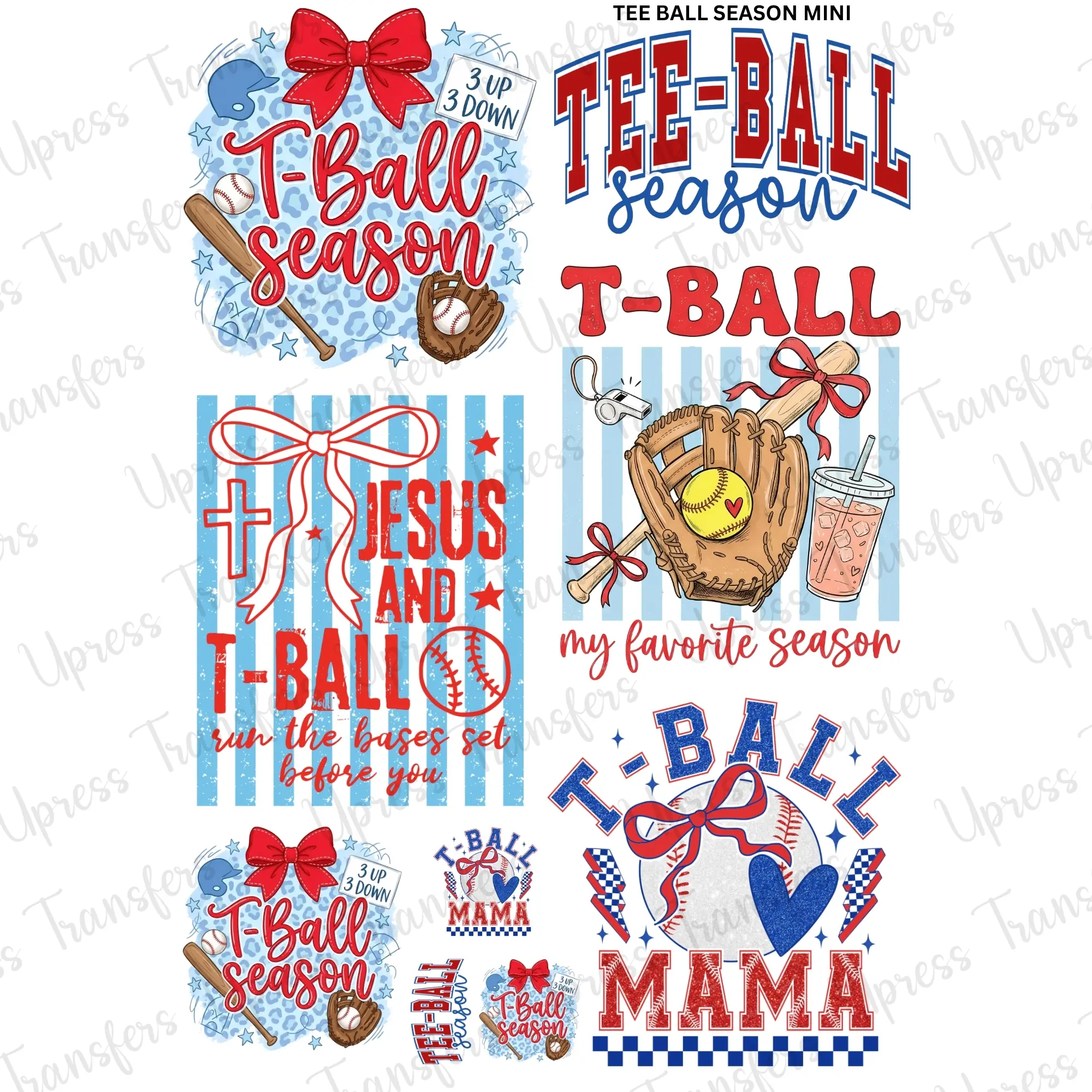 Tee Ball Season Mini DTF Transfer Gang Sheet 24.5" wide x 36" long. Direct To Film Mini Gang Sheet