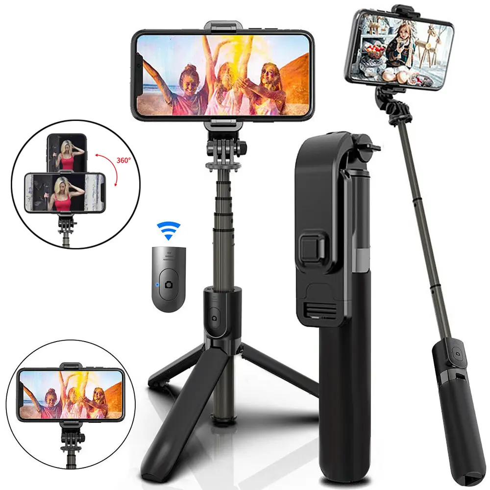 360° Rotation Portable Selfie Stick with Wireless Remote & Detachable Phone Clip, 26.5" Adjustable Telescoping Tripod Stand Desktop Holder, Universal Fits for 4-7" iPhone Samsung, Holes Mount Adapter Action Cam Fits for Gopro Hero Insta360 Akaso, Aluminum