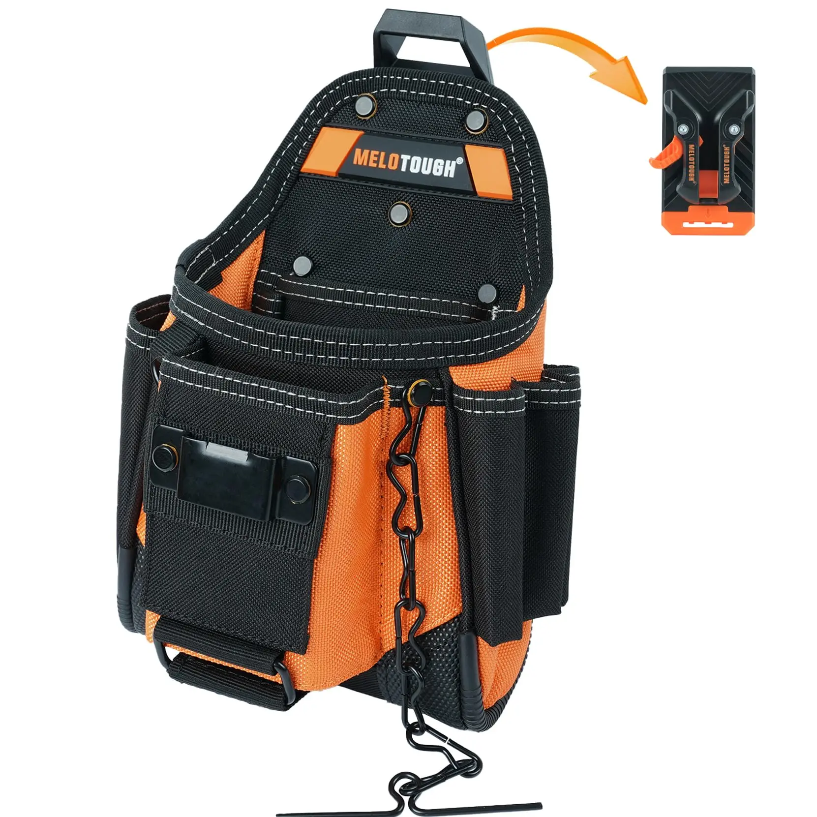 MELOTOUGH Small Electrician Construction Pouch - 9 Pockets, Belt Clip, Durable 1680D Fabric, Work Storage with Kickstand, Compatible with Wire Tester Tool for HVAC Tradesmen, Carpenters, Tool Pouch