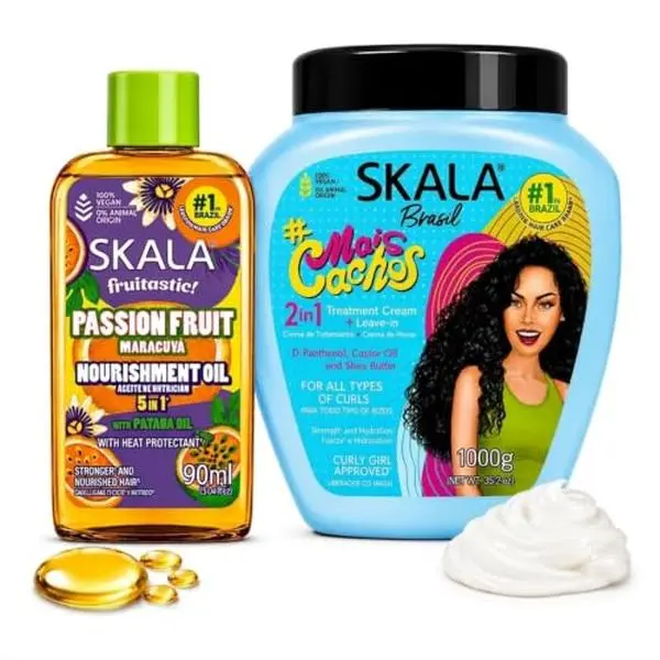 SKALA Mais Cachos Curl Cream Leave In Conditioner 1kg + Curly Hair Oil 90ml | Brazilian curly hair products wavy 3A 3B 3C curls vegan anti frizz passion fruit nourishment oil heat protectant