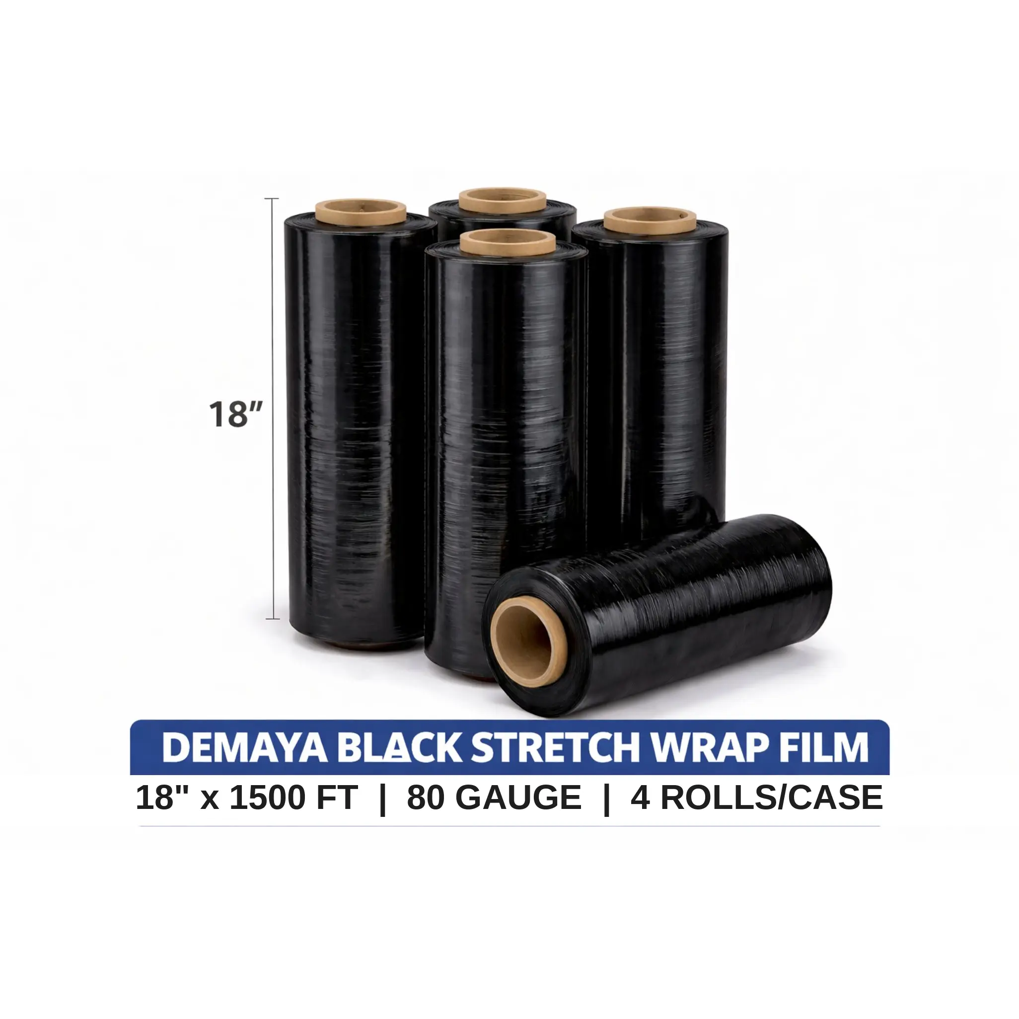 DEMAYA Heavy-Duty Black Cast Stretch Wrap Film - 1 Roll, 18" x 1500 ft, 80 Gauge (20 Micron), UV Protected, Privacy, Cling Performance - Home Improvement Building Supplies for Pallet Packaging, Transport, Moving