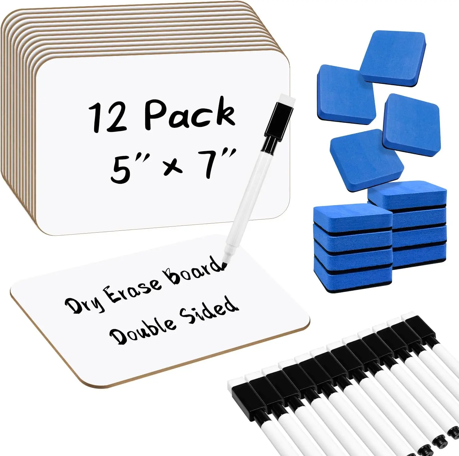 12-Pack Dry Erase Boards 5" x 7" Double-Sided Mini Whiteboard Set  Includes Markers & Erasers   for Students, Teachers, and Classroom Use