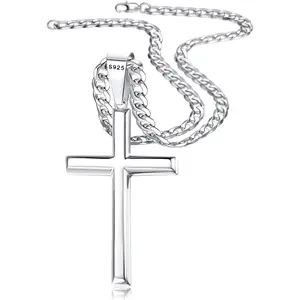 Trendy 925 Sterling Silver Cross Necklace for Men Women Durable Non Tarnish Beveled Edge Crucifix Pendant Cuban Link Chain Jewelry 16-30 Inches Valentine's Day