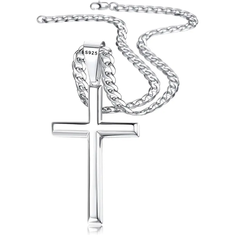 Trendy 925 Sterling Silver Cross Necklace for Men Women Durable Non Tarnish Beveled Edge Crucifix Pendant Cuban Link Chain Jewelry 16-30 Inches Valentine's Day