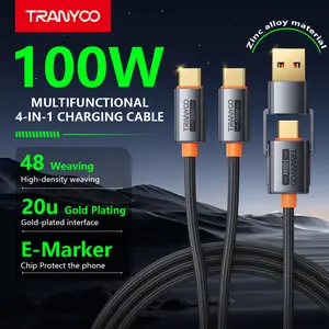 100W 4-in-1 USB-C Charging Cable with AC Plug, Dual USB-C Fast Charging Cord, E-Marker PD Cable for MacBook, iPad, iPhone 15, Samsung (4FT/1.2M)