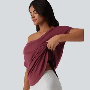 Halara One Shoulder Short Sleeve Curved Hem High Low Quick Dry Yoga Sports Top-Built-in Bra