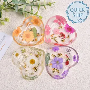 Real Flowers Resin Ring Holder, Heart Shaped Jewelry Dish, Wedding, Birthday,Mother's Day Gifts