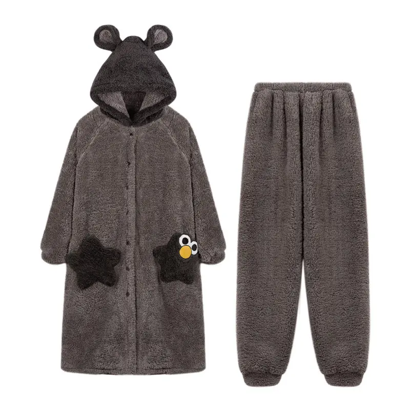 Couple's Matching Coral Fleece Longsleeve Seamless Sleepwear Sets - Cke-Q8820 Women's Pajamas, Cke-Q8821 Men's Thick Winter Robes, Autumn-Winter Comfortable Loungewear, Essential