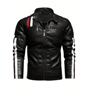 Men's Trendy Cycling Jacket With Zipper Pockets Casual Washed PU Leather Lapel Zip Up Long Sleeve Fashion Jacket for Outdoor Activities