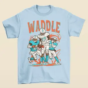 Jaylen Waddle Cartoon Style Miami Football T-Shirt - Men’s Adult Sizes, 100% cotton tee, unisex style