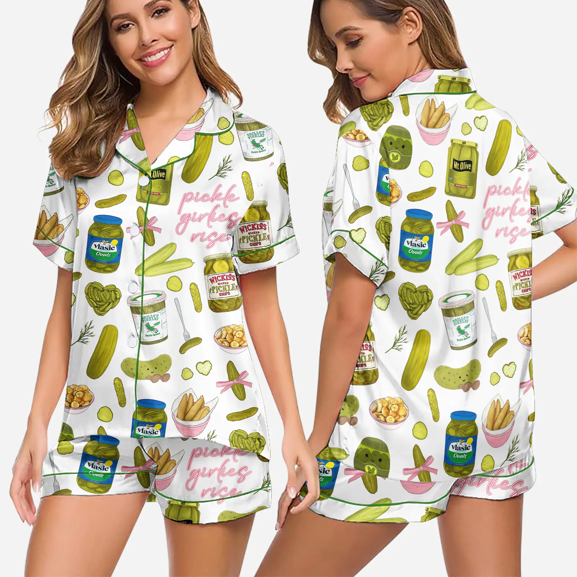 Pickles Print Satin Pajamas Set - Comfortable Short Sleeve Sleepwear with Pockets for Women, Perfect Gift for Pickle Lovers