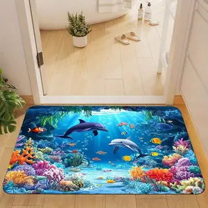 Deep Sea Dolphin Bathroom Mat, Vibrant Coral Reef & Tropical Fish Print, Bathroom Drying Doormat, Vibrant Design, Bathroom Floor Mat, Non-Slip Backing, Quick-Dry, Easy Clean, Beach Style Bath Decor