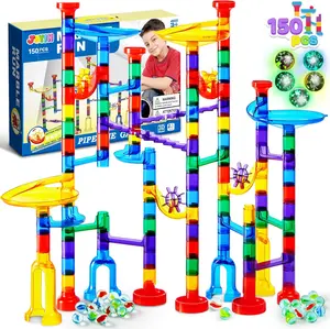 150Pcs Glowing Marble Run- Construction Building Blocks Toys with 5 Glow in The Dark Glass Marbles, STEM Educational Building Block Toy Kids Outdoor Play Valentine's Day Gifts for Kids