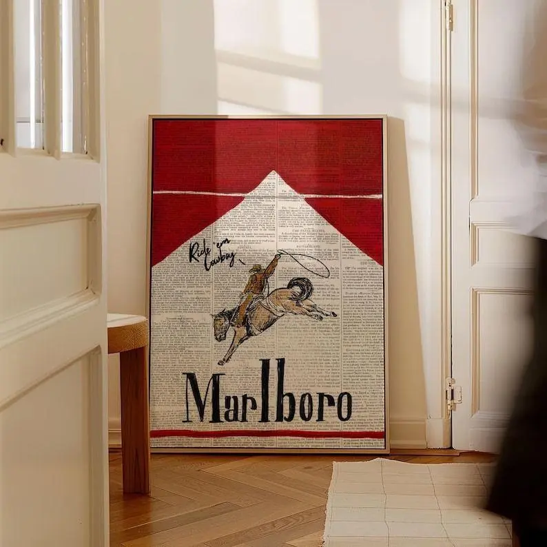 Vintage Western Cowboy Matchbox Print Poster Trendy Matches Retro Marlboro Matchbook Wall Art Aesthetic Newspaper Bar Cart