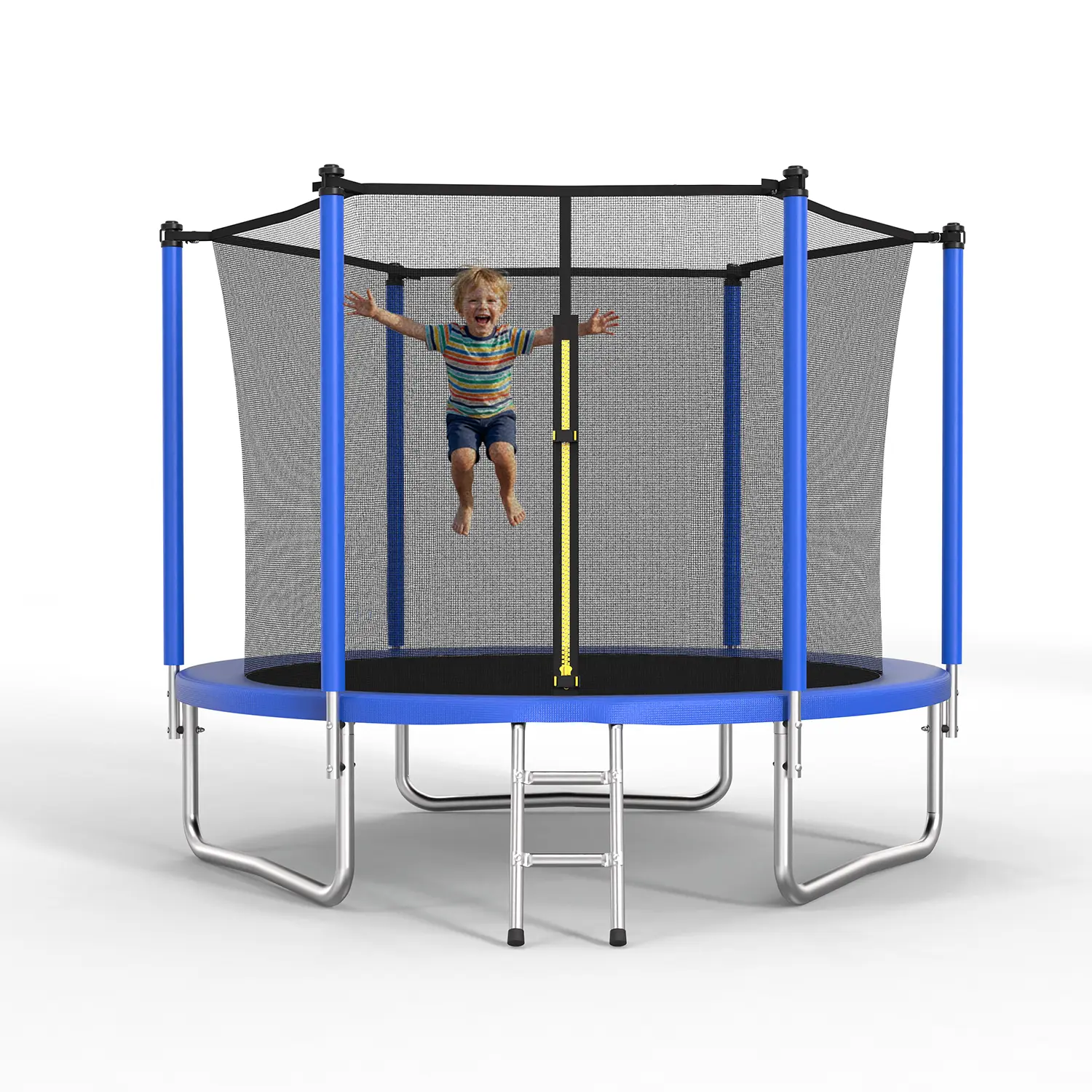 8ft Outdoor Safety Trampoline with Net, 6 High Fence Poles, 3 Sets of W-Shaped Brackets, ASTM-Certified Thick Galvanized Steel Frame, Sports Equipment, Foam Padding, Heavy-Duty Ladder, Convenient Mobility