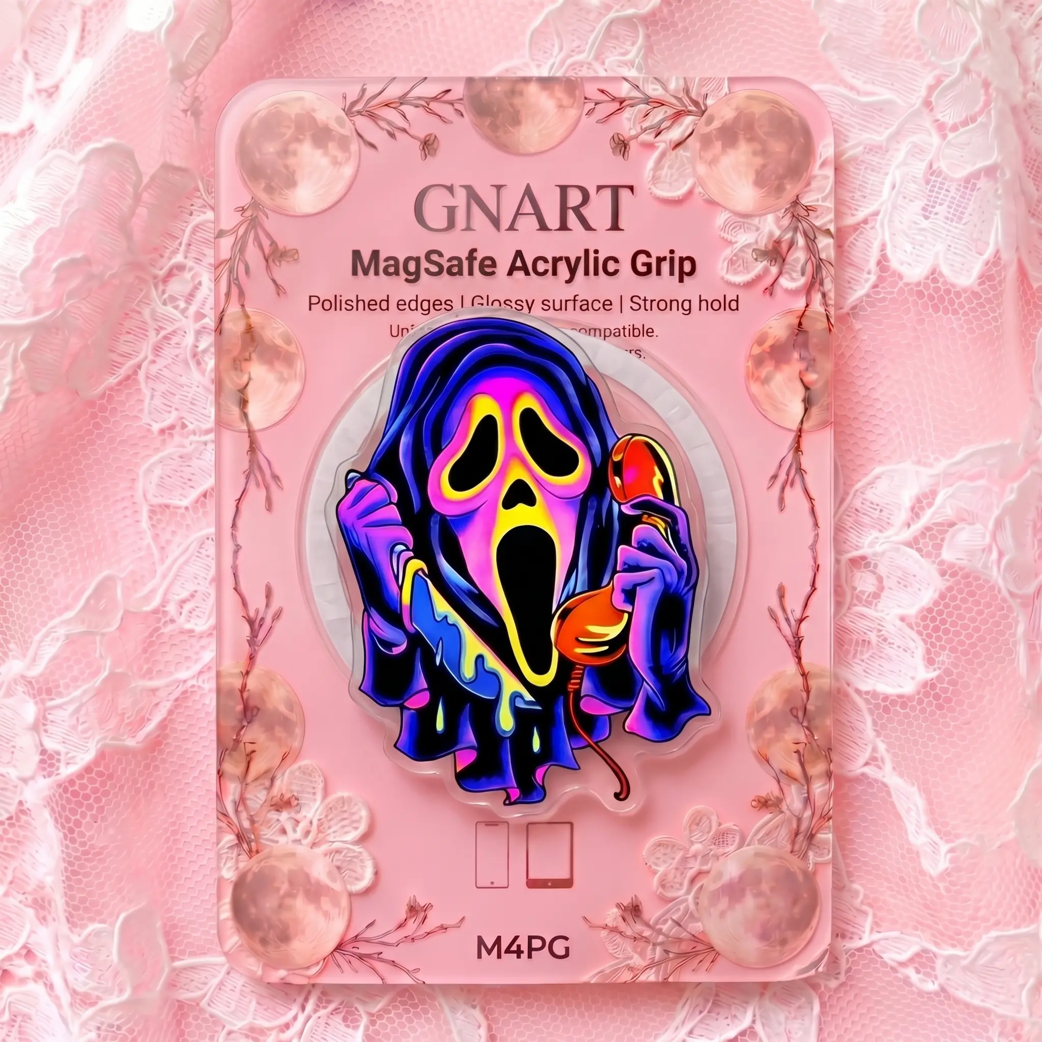 Trippy Neon Horror Movie Villain MagSafe Phone Grip | Psychedelic Ghost Slasher Acrylic Holder | Funny Cyberpunk Goth Halloween Stand Gift