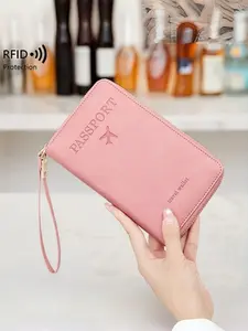 Rfid Protection Passport Holder Travel Document Holder with Zipper and Wrist Strap, PU Travel Wallet for Credit Cards, Tickets, ID, Compact Design, Multiple Pockets