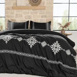 Embroidered Boho Comforter Set  Size, 3- Western Shabby Chic Bedding Set -  Ultra Soft Microfiber with Intricate Design, Includes Comforter & 2 Pillowcases, Black(88"x88")