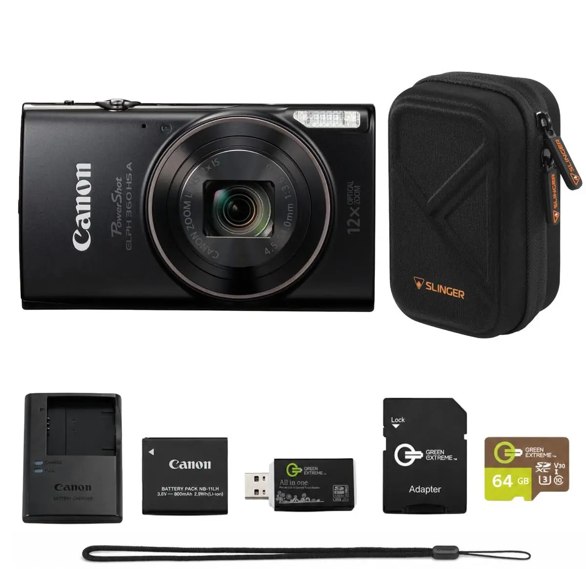 Canon PowerShot ELPH 360 HS Compact Electronic Point & Shoot Digital Camera with Lens, LCD Screen, 64GB Memory microSD Card, SD Adapter, USB Card Reader, Slinger Hardshell Case, Battery & Charger