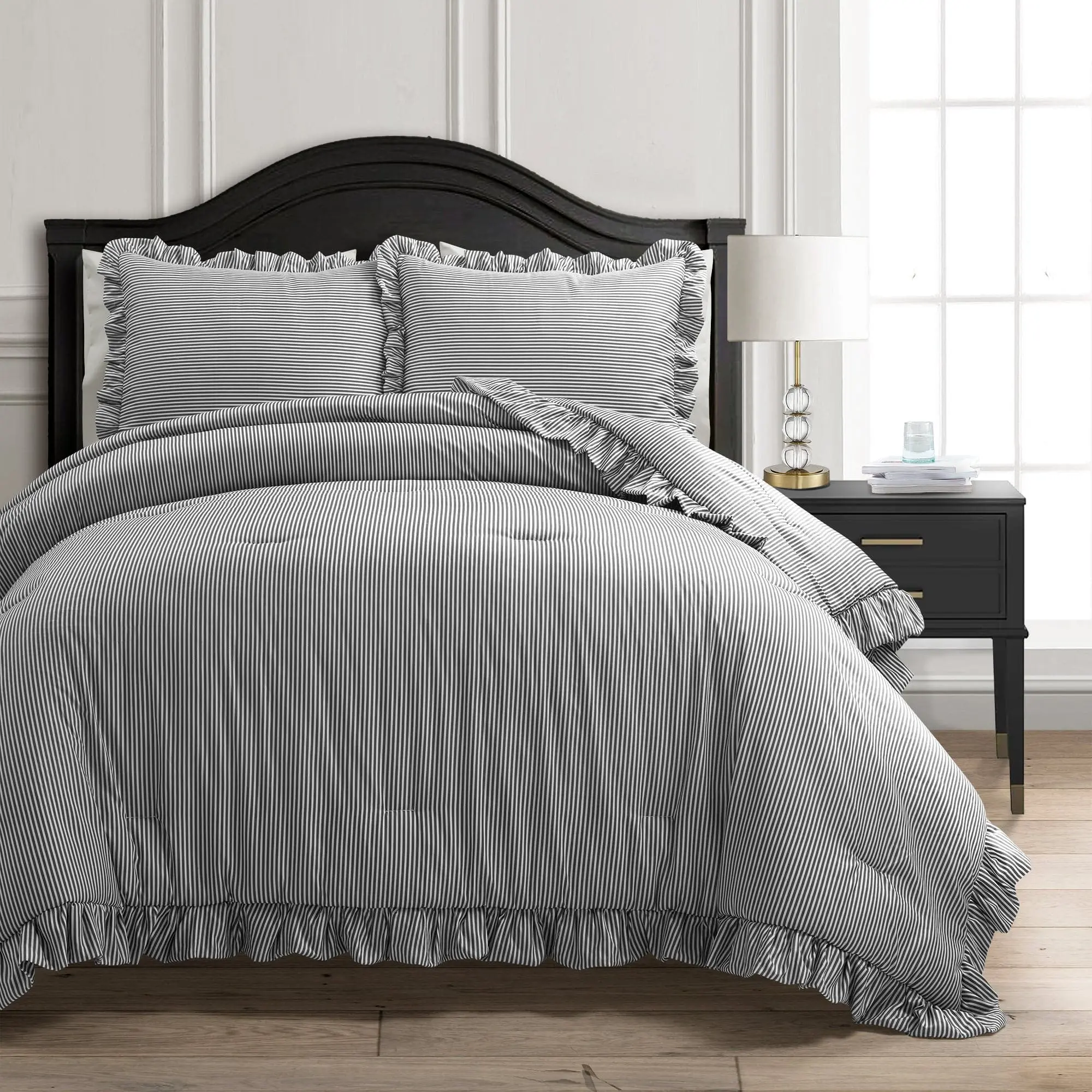 Lush Decor Farmhouse Stripe Reyna Ruffle Reversible Comforter 3 Piece Set - Soft Plush Feel, Classic Stripe Print, Ruffle Detail, Full/Queen & King/California King Sizes, Striped Bedding Set, Ruffled Bedding Set
