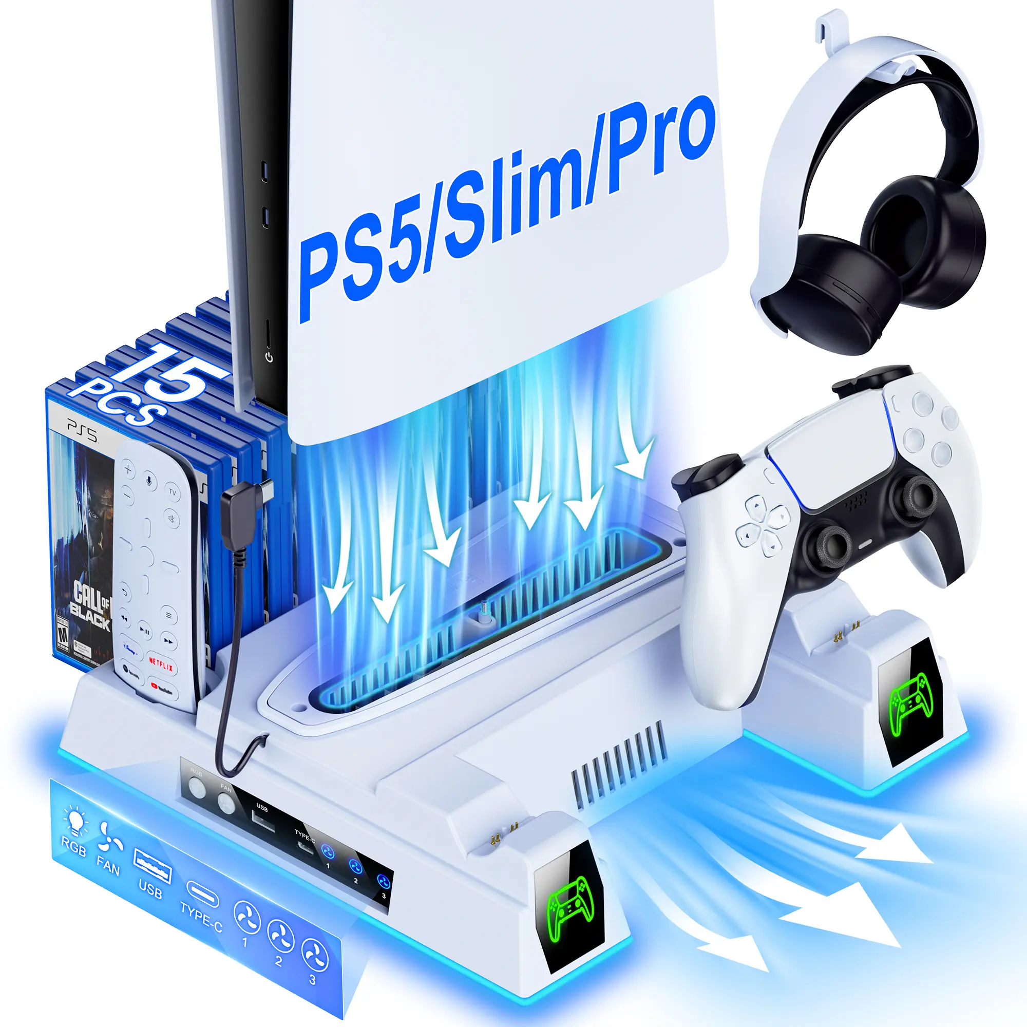 BEBONCOOL PS5 Pro/Slim/PS5 Cooling Stand with Controller Charging Dock – 3-Speed Fan, LED Display, Headset Holder, and Game Disc Storage Rack for Disc & Digital Editions (Black)