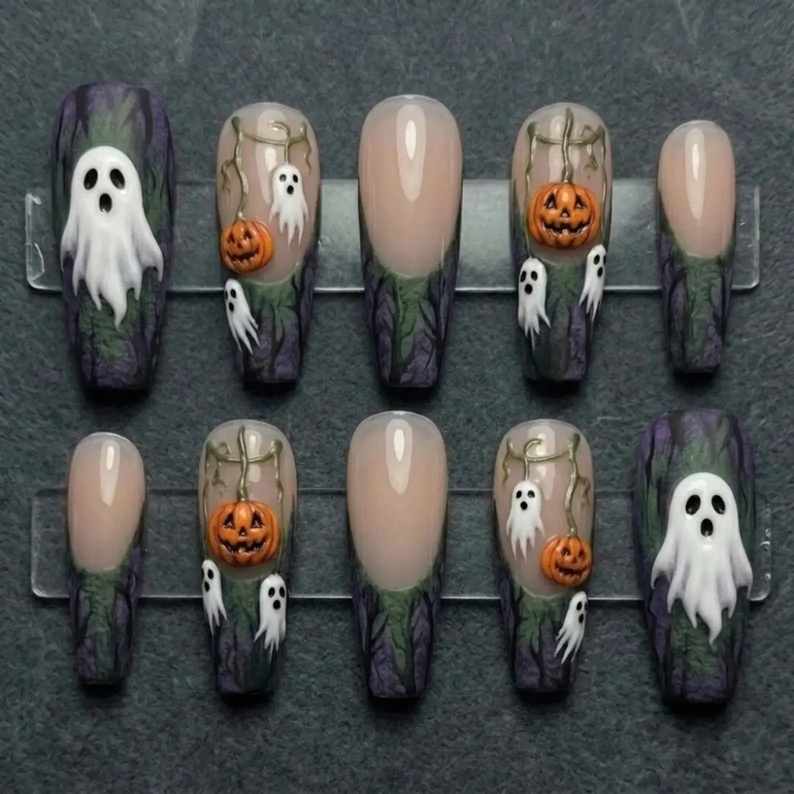 Custom Handmade Gel Press-On Nails - 3D Ghost, Pumpkin Designs, Spooky Forest Halloween Art, Purple Green Moody Witchy Nail Accessories for Gifting