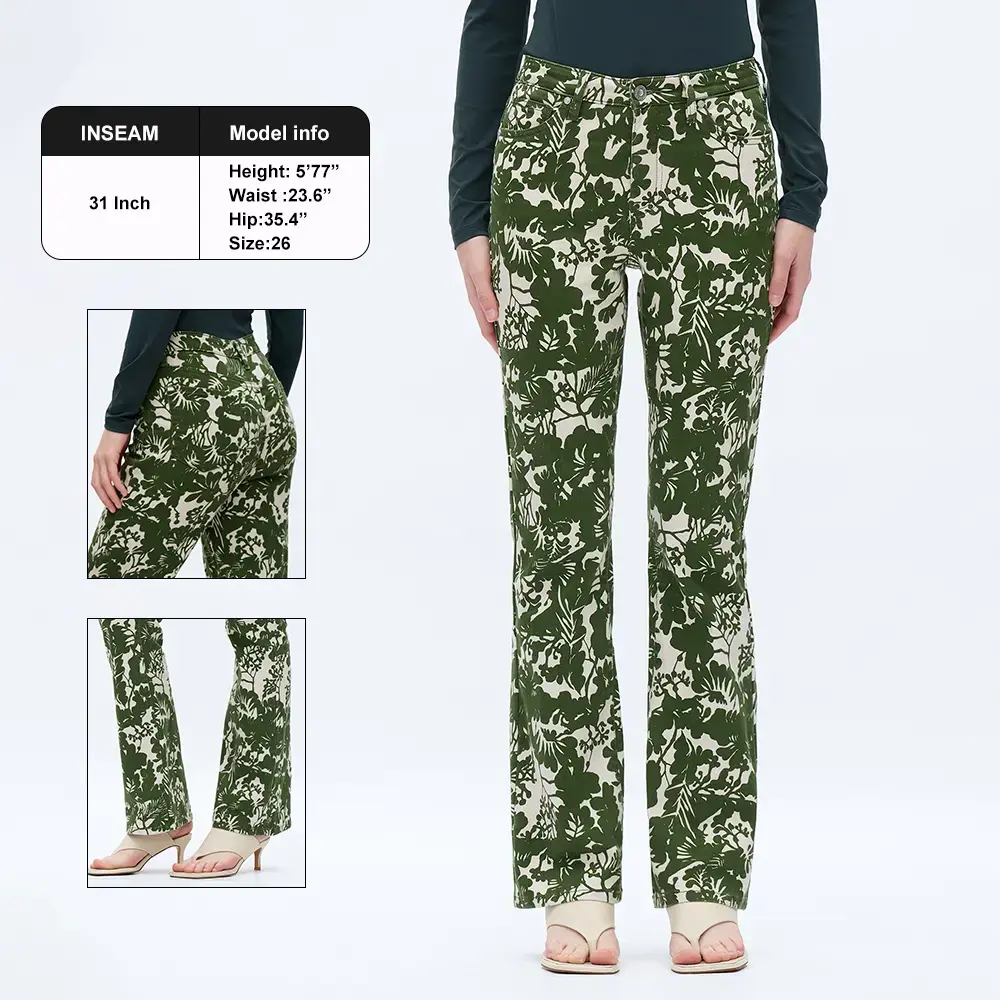 ONESO Womens High Waisted Stretch Bootcut Pants Botanical Print Flare Leg Trousers Casual Streetwear Outfit