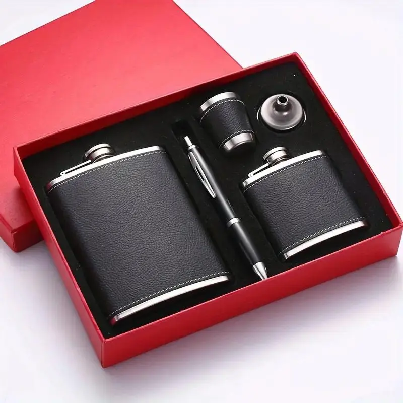 Stainless Steel Hip Flask Set, 1 Set Including Hip Flask & Cup & Pen & More, Leak-proof Stylish Travel Bottle Whiskey and Vodka Bottle for Men and Women, Drinkware