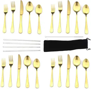 Modern 25 Pcs Matte Gold Stainless Steel Utensils Cutlery Dinnerware Set with Straws, Knife Fork and Spoon Flatware Set for Wedding Festival Christmas Party Service for 4