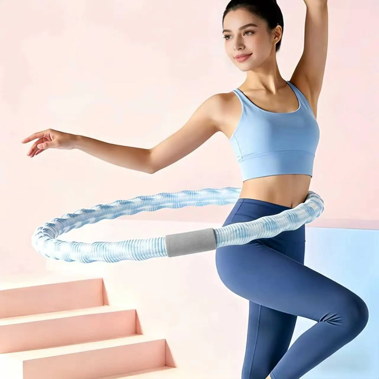 5.5LB 2.5KG Weighted Hula Hoop With Cool Ice Silk Wave Cover, Soft Spring Steel Thick Cushioned Quiet Exercise Hoop, Foldable Portable Fitness Hoop Pink Blue Dual Color For At-Home Waist Sculpting