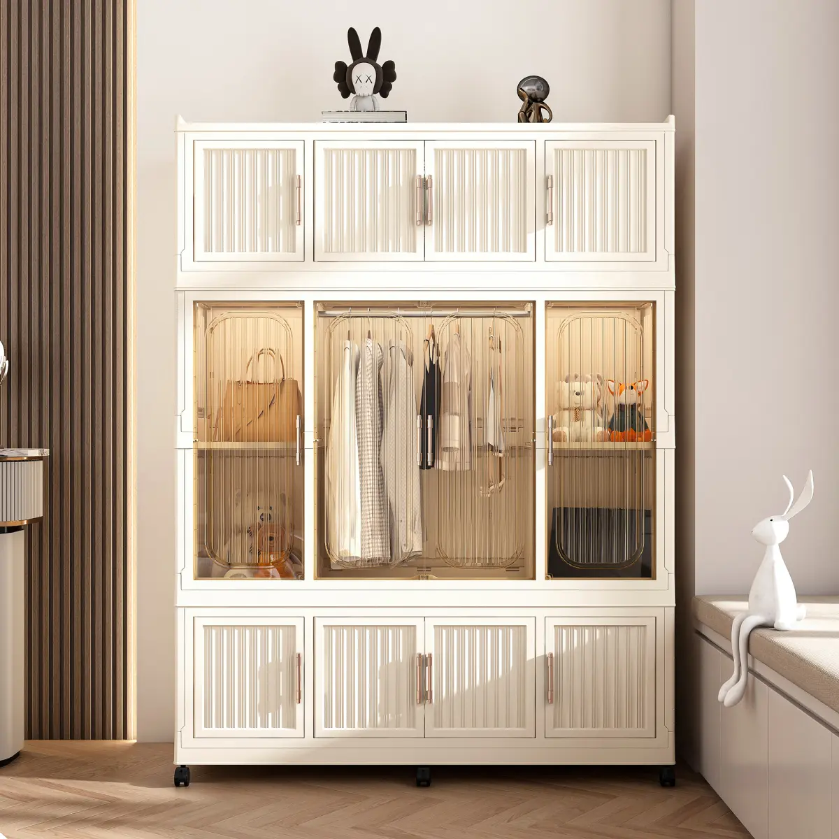 AobtkelPortable Wardrobe Closet Storage Organizer for Clothes,Clothes Dresser,12 Magnetic Doors-12 Cubes & 1 Hanging Rod,6 pcs hangers , Baby Wardrobe Storage Cabinet,White