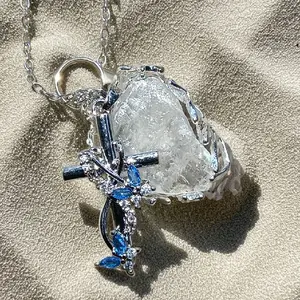 Celestite Crystal Heaven Stone Necklace, Cross Charm Pendant Jewelry